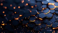 Abstract hexagonal structure with glowing orange edges against dark background, futuristic technology concept with bokeh light effects and depth of field.