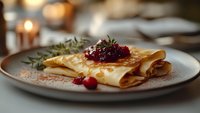 Delicate crepes folded on ceramic plate with berry compote and fresh rosemary garnish, served in cozy restaurant atmosphere with soft candlelight.