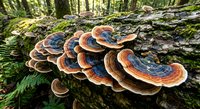 Colorful bracket fungi growing on moss-covered fallen log in lush forest ecosystem showcasing natural decomposition and woodland biodiversity in green environment.