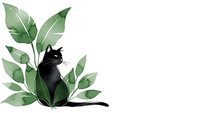 Black cat silhouette sitting among green tropical leaves on white background. Minimalist pet illustration for home decor and nature designs.