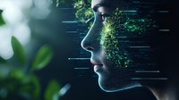 Profile silhouette with digital green particle effect representing artificial intelligence, machine learning, and technology transformation against dark background with bokeh.