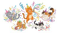 Cute cats celebrating with colorful confetti and streamers on white background. Isolated clipart suitable for greeting cards, invitations, t-shirts and party designs.