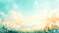 Dreamy watercolor landscape with turquoise sky and golden horizon, featuring delicate wildflowers in foreground meadow.