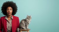 Surprised young woman with dark curly afro hairstyle wearing red blazer standing next to tabby cat against turquoise background for pet adoption or animal care concepts.