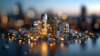 Blurred city skyline with illuminated skyscrapers reflecting in water at dusk, creating dreamy urban landscape with bokeh effect.