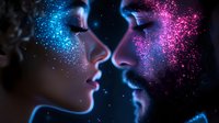 Two faces in profile about to kiss surrounded by glowing blue and pink particle effects creating magical romantic atmosphere for love concepts.