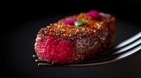 Juicy medium rare beef steak with crispy pepper crust and pink center on black fork against dark background, close up macro food photography.