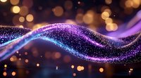 Glowing magical wave with sparkling particles flowing on dark background with golden bokeh lights, creating ethereal abstract design element.