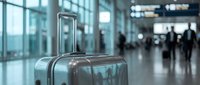Silver hardshell suitcase stands in a modern airport terminal with blurred travelers in background, evoking travel and adventure.