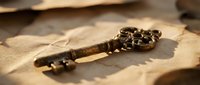 Ornate vintage brass key with decorative handle resting on aged parchment paper creating mysterious antique atmosphere for historical concepts.