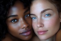 Close up portrait of two diverse young women with contrasting skin tones and striking blue eyes showcasing natural beauty and friendship in soft lighting.