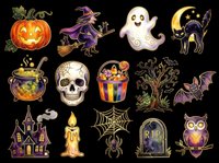 Spooky Halloween collection featuring jack-o-lantern, witch, ghost, black cat, cauldron, skull, candy, dead tree, bat, haunted house, candle, web, spider, tombstone, and owl. Isolated on transparent background, ready for t-shirts, stickers, clipart, and print-on-demand designs.