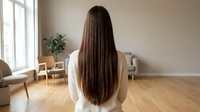 Young woman with long straight brown hair viewed from behind in minimalist modern living room with natural light and wooden floors for wellness concepts.