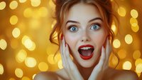 Young woman with bright blue eyes and red lipstick expressing surprise and joy against golden bokeh lights background, showing genuine excitement and wonder.