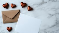 Blank white card with kraft envelope and wooden hearts on marble background. Romantic mockup for wedding invitation, love letter or Valentine's day design.