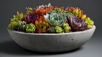 Colorful succulent plants arranged in a round concrete bowl against dark background, creating vibrant miniature garden for home decor.