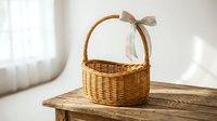 Wicker basket with pastel ribbon bow on wooden table in bright interior for Easter gifts, home decor and seasonal celebrations.