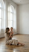 Young Caucasian mother in linen dress sits on wooden floor holding toddler in bright minimalist studio with arched windows.