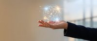 Businessperson holding glowing digital globe with network connections, representing global technology, innovation, and worldwide business connectivity for corporate solutions.