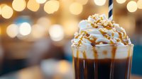 Decadent coffee drink topped with whipped cream, caramel drizzle and crushed nuts against blurred warm bokeh lights background, close up view of dessert beverage.