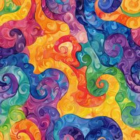 Vibrant swirling rainbow pattern with colorful abstract curves and spirals in watercolor style creates seamless repeating background for fabric and wallpaper designs.