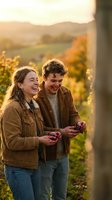 Happy young couple laughing together during golden hour autumn vineyard visit, enjoying wine tasting experience in warm casual clothing.