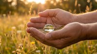 Weathered hands holding a crystal glass sphere in a sunlit meadow, symbolizing care, nature, and environmental protection.