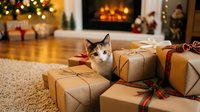Tabby and white cat sitting among wrapped kraft paper gift boxes with red ribbon bows on wooden floor, festive fireplace and decorated tree in blurred background, holiday season celebration scene.