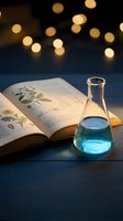 Open botanical book with glowing blue potion flask on wooden table under warm bokeh lights creating magical study atmosphere for education and research concepts.