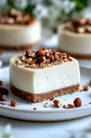 No-bake vanilla cheesecake square topped with crushed hazelnuts and chocolate crumbs on white plate. Creamy white filling sits on graham cracker crust, garnished with nuts.