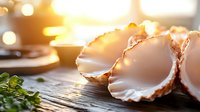Fresh scallop shells on rustic wooden surface with golden bokeh lights and herbs, creating atmospheric food styling composition for seafood restaurant menus.