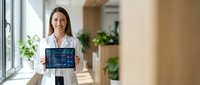 Professional Caucasian businesswoman presenting laptop with financial data dashboard in modern office environment for corporate presentations.