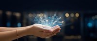 Digital technology hologram floating above open palm with glowing network connections and data visualization against blurred city lights background.