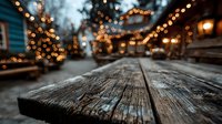 Rustic wooden table surface with warm bokeh lights creating cozy atmosphere for product display and seasonal marketing campaigns.