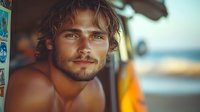 Young Caucasian male with blue eyes and beard looking thoughtfully through van window at sunset. Natural warm lighting creates dreamy summer travel atmosphere.
