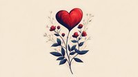 Red heart-shaped flower blooming among navy blue leaves and small red buds on beige background, perfect for Valentine's Day designs.