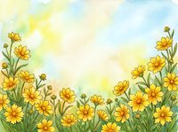Watercolor yellow daisy flowers border frame with soft pastel sky background for spring greeting cards, invitations and floral design projects.