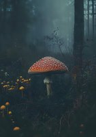 Red and white spotted mushroom amanita muscaria growing in dark misty forest surrounded by small yellow toadstools, creating mysterious woodland atmosphere.