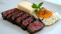 Sliced medium rare beef steak served with sunny side up egg sprinkled with black pepper and butter pat garnished with fresh herbs on white plate.