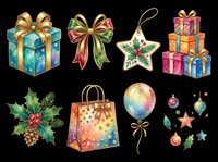 Festive holiday gift boxes, decorative bows, ornaments, and holly arrangements isolated on transparent background, ready for t-shirt designs, stickers, clipart, print-on-demand products, and sublimation projects.