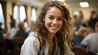 Young Caucasian woman with wavy blonde hair and bright genuine smile wearing casual hoodie in warm indoor setting with natural lighting and blurred background.