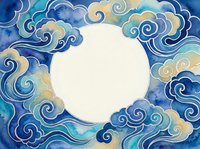 Watercolor swirling clouds frame with white circle space for text in blue teal gold colors. Decorative border design for invitations and greeting cards.