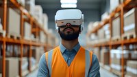 Male warehouse worker wearing VR headset and safety vest in modern distribution center with storage racks, using virtual reality for logistics management.