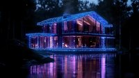 Modern luxury house decorated with blue Christmas lights reflecting in lake water at night, creating magical holiday atmosphere for seasonal designs.