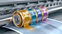 Colorful metallic ink cartridges in gold, turquoise, blue and purple tones on large format printer, showing printing process in motion with dynamic flow effect.