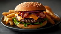 Juicy cheeseburger with crispy bacon, melted cheese, fresh lettuce on sesame bun served with golden french fries on dark plate, close up view in moody lighting.
