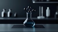 Laboratory glass flask with molecular structure model on dark background, blue liquid inside. Scientific research and chemistry concept for education and study.