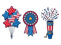 Patriotic stars and balloons with award ribbon and fireworks fountain isolated on white background, ready for Fourth of July designs, greeting cards, and celebration graphics.