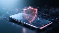 Glowing shield icon over smartphone with digital network connections, representing mobile security and data protection in modern technology environment.