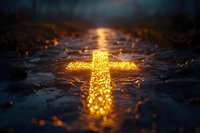 Glowing cross of light on wet dark surface, creating spiritual atmosphere with golden reflections and bokeh effect. Religious symbol for faith concepts.